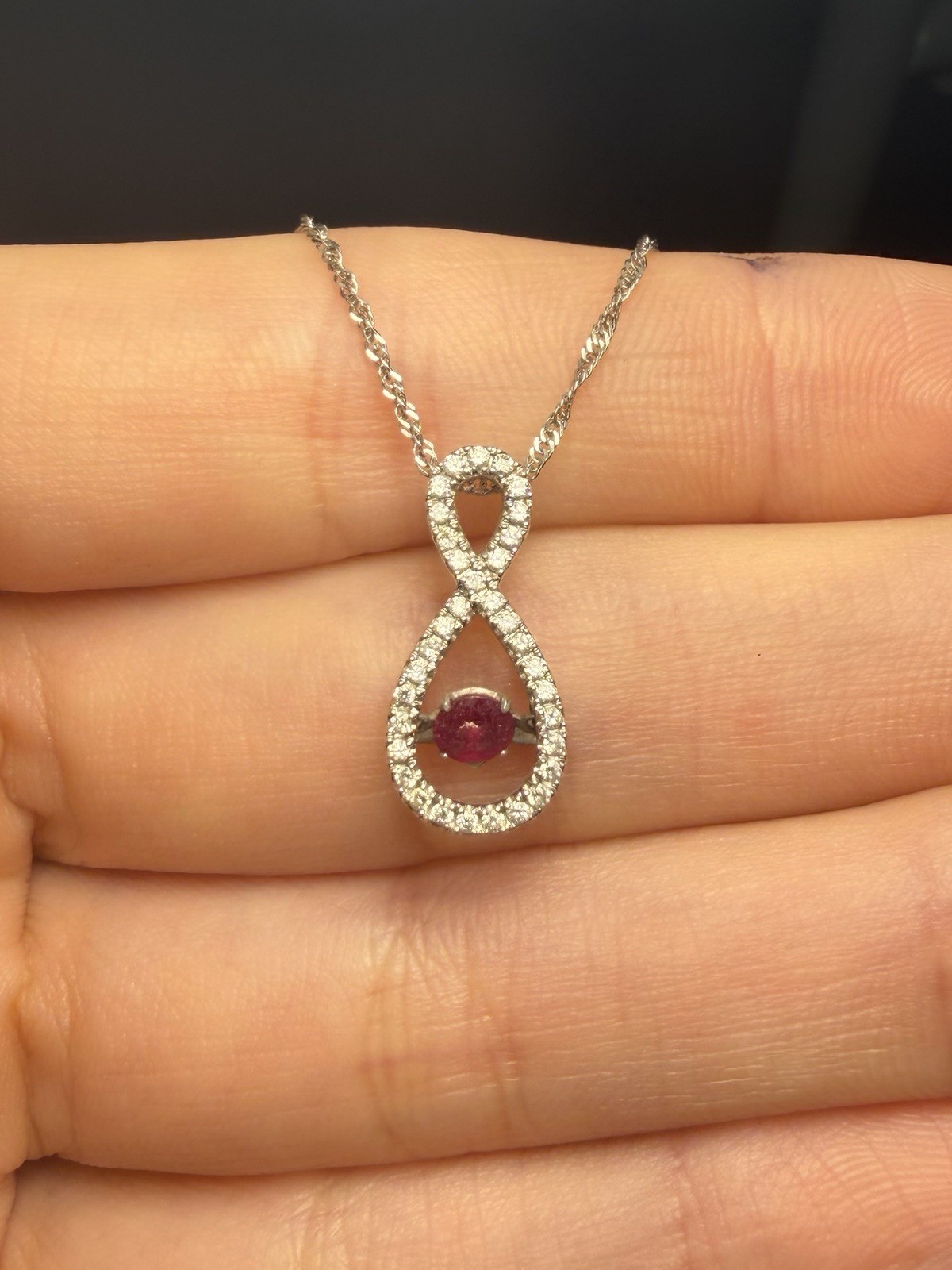 14K White Gold Natural Ruby & Diamond Infinity Pendant Necklace Estate Jewelry