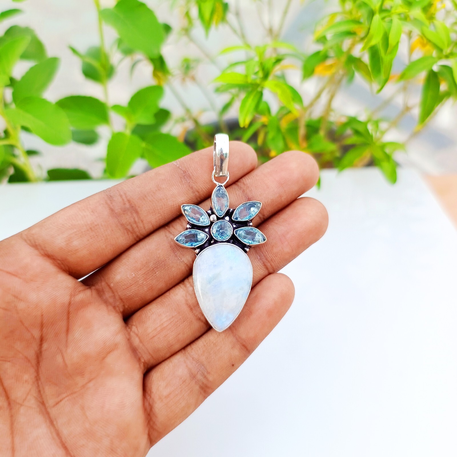 Moonstone Aquamarine Gemstone Pendant 925 Sterling Silver Handmade Jewelry 2.36″
