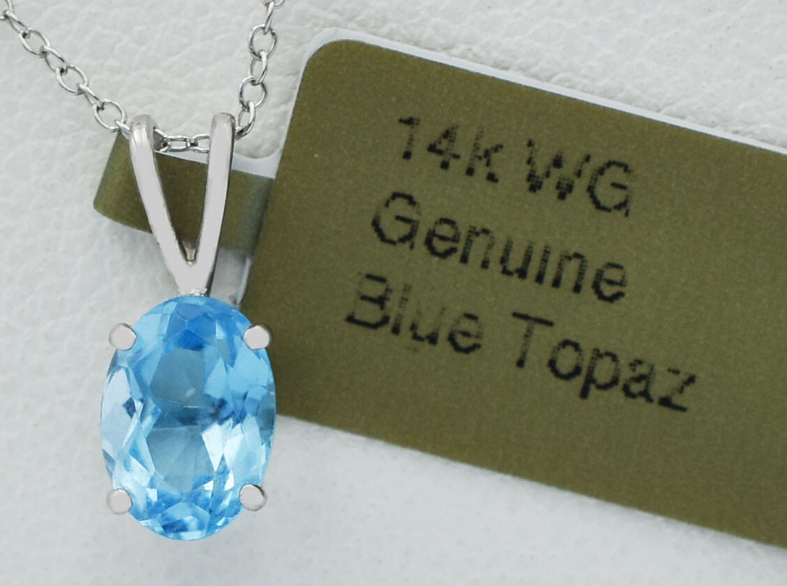 GENUINE 1.22 Cts BLUE TOPAZ PENDANT 14K WHITE GOLD – MADE IN USA -Free Appraisal
