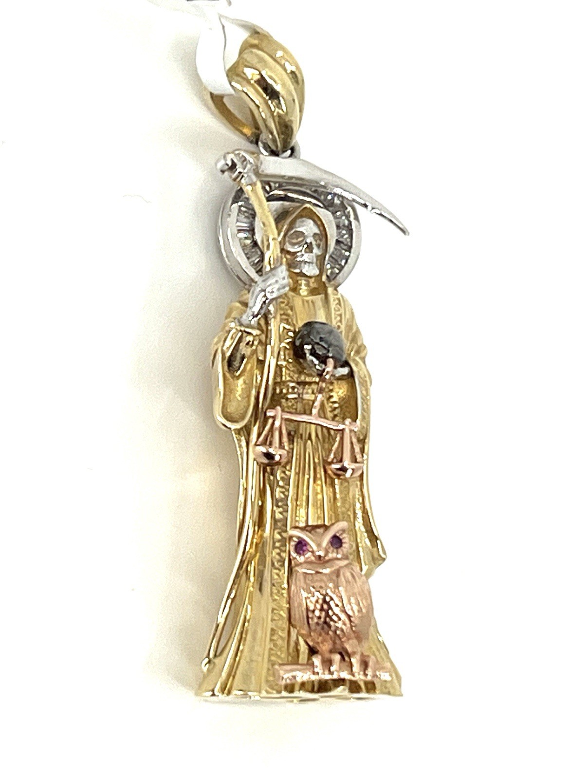 10K Tri-Color Gold Santa Muerte Pendant 2″ Italian CZ Santisima Muerte Authentic