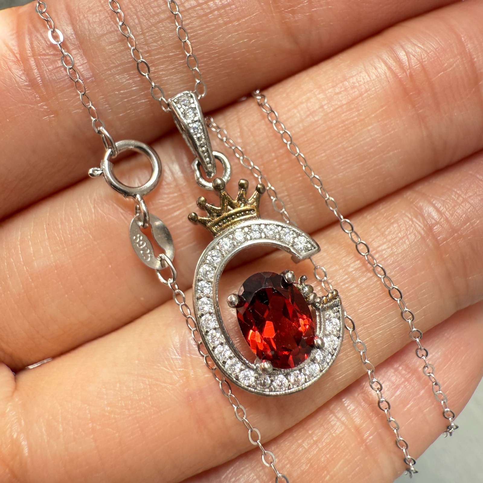 925 Sterling Silver Necklace 7x5mm Natural Garnet Zircon Crown Handmade Chain