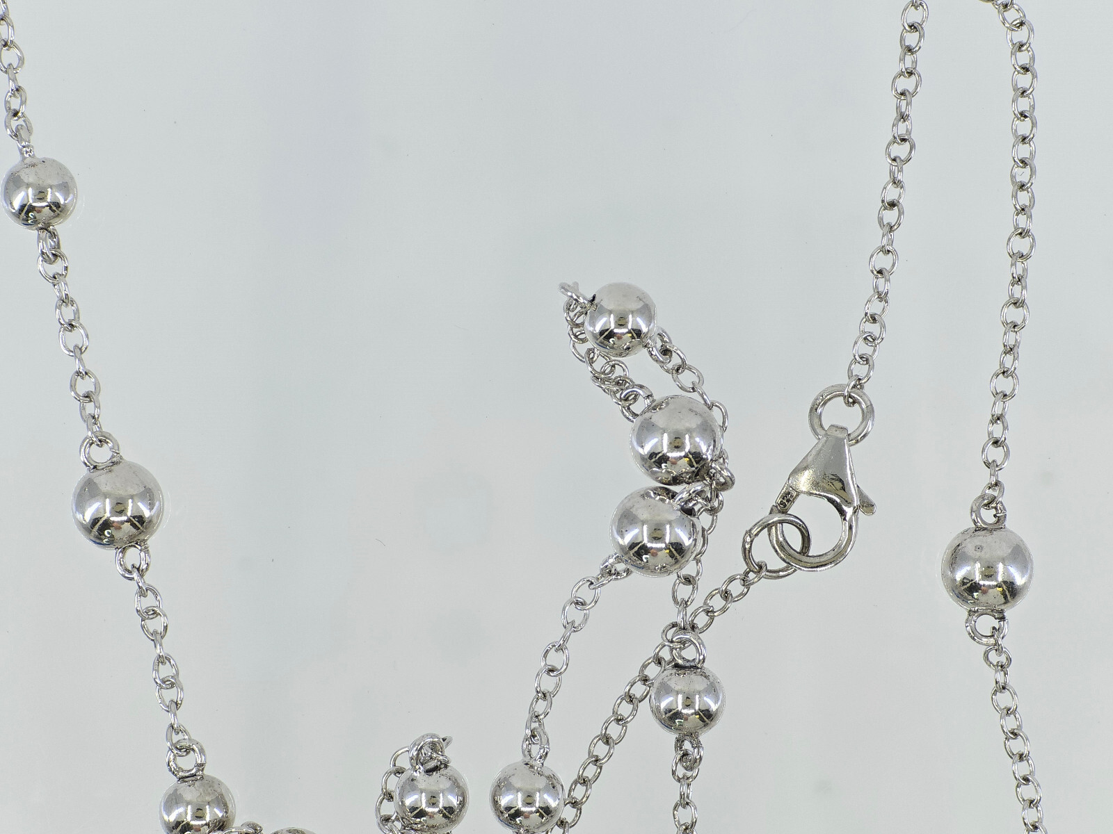 VTG 925 STERLING SILVER CURB LINK CHAIN & 6mm BEAD LONG STATION NECKLACE ~ 57 in