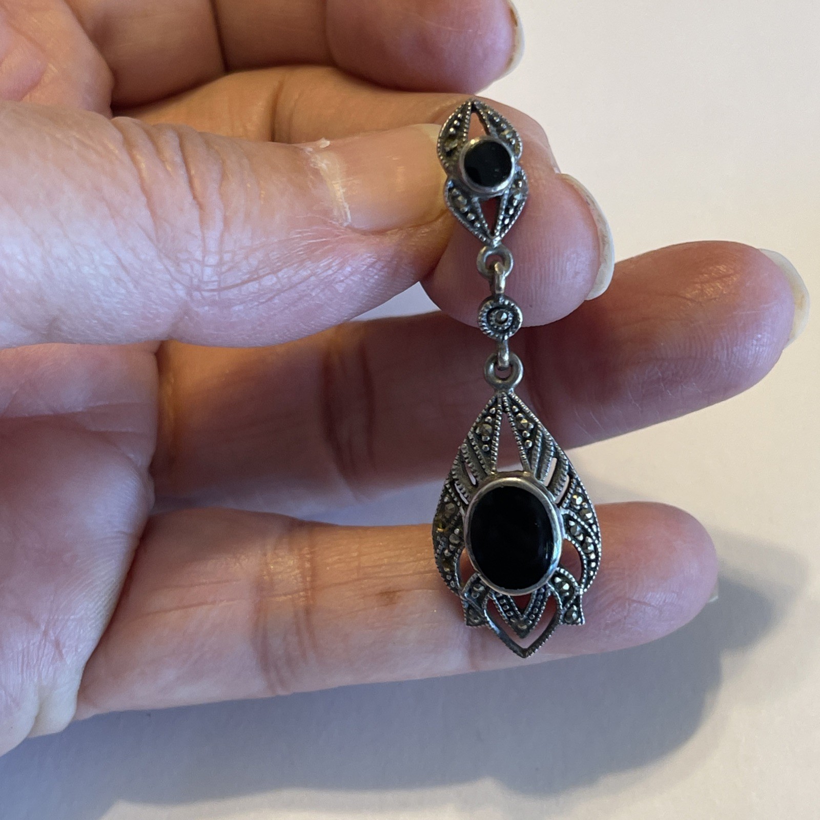 Vintage Sterling Silver Black Onyx Marcasite Filigree Pendant, Chain & Earrings