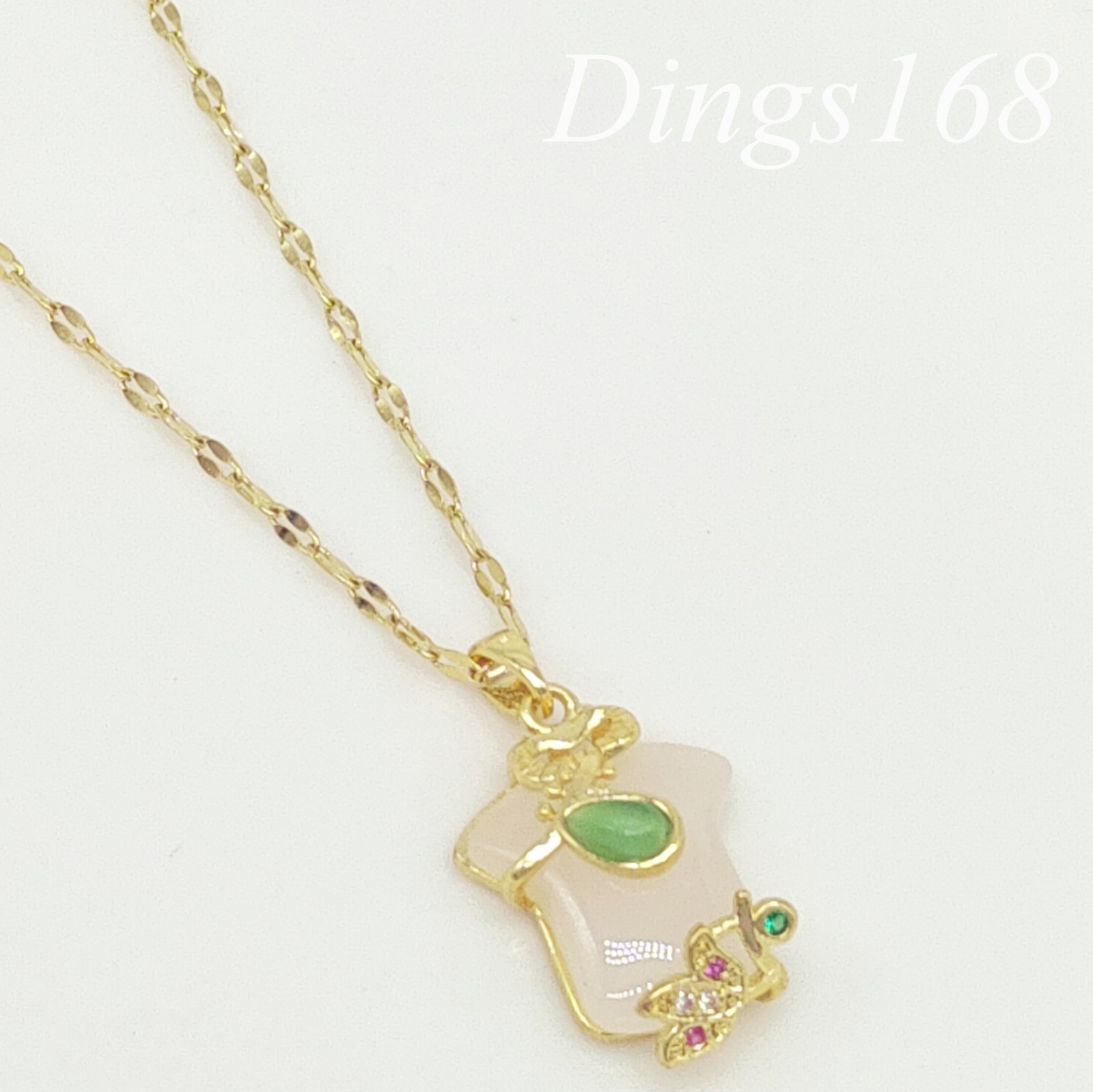 18K Yellow Gold Filled Nickel-Free 20x15mm Jade Cheongsam Pendant Chain Necklace