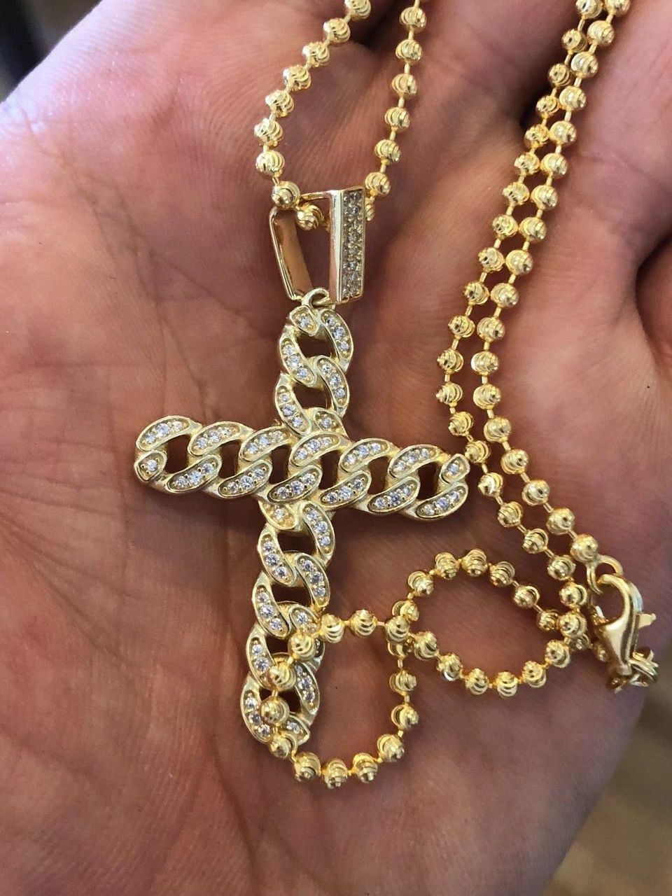 Cuban Link Cross Pendant W. Chain Sterling Silver 925 *14k Gold Plated* CZ