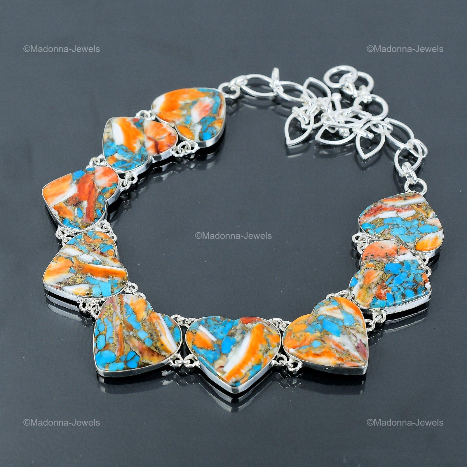 Spiny Oyster Copper Turquoise Gemstone Chain Elegant Necklace Jewelry 925 Silver