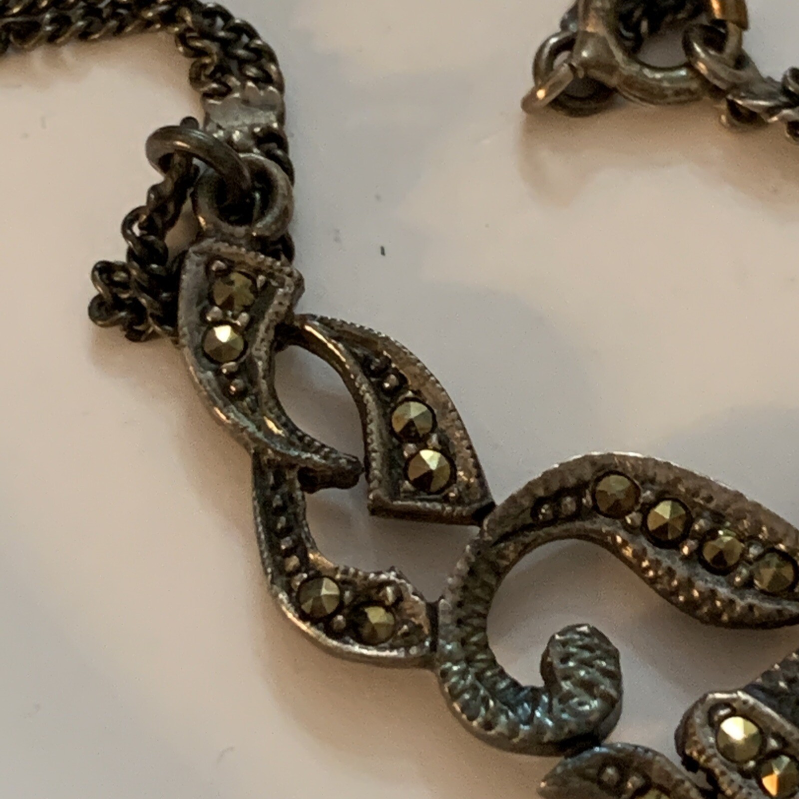 ART DECO 925 STERLING SILVER GARNET MARCASITE FOLIATE DROP LINK SCROLL NECKLACE