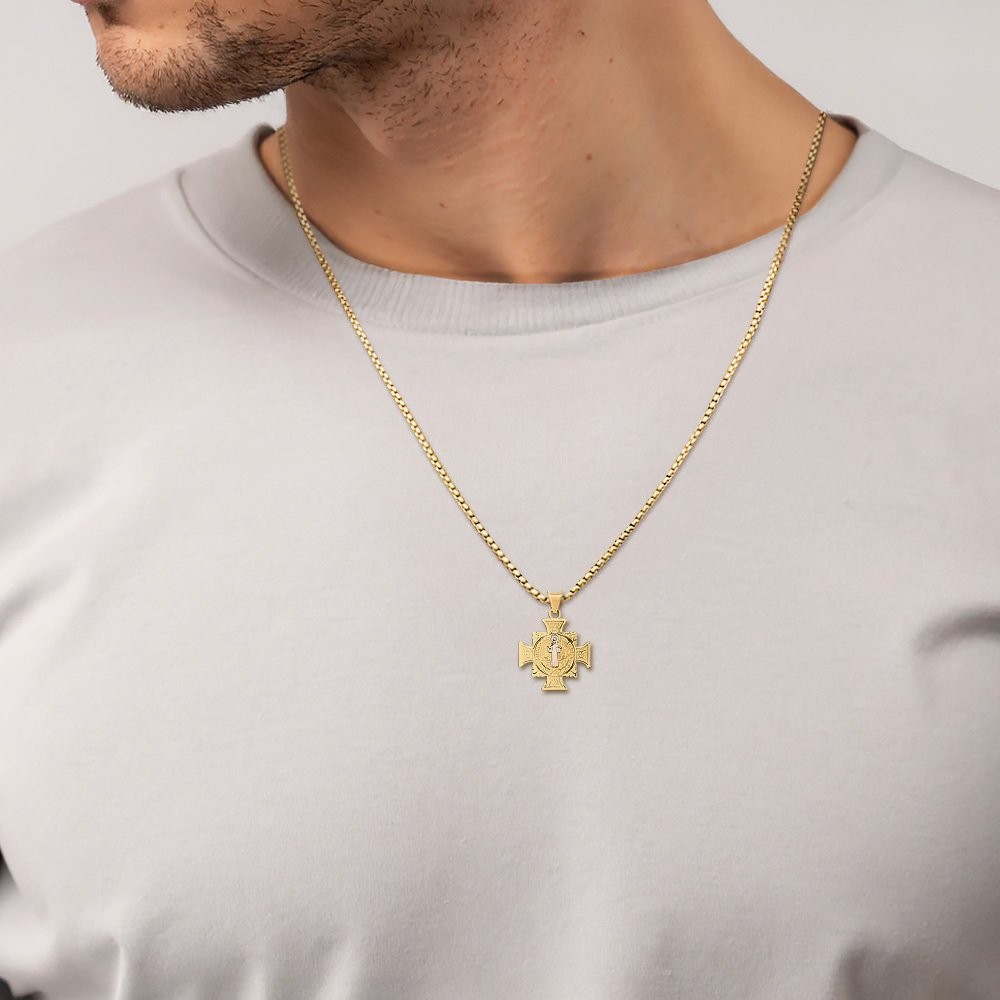 14K Yellow Gold Medium Saint Benedict Medal Pendant Necklace 25.5mm 1 inch