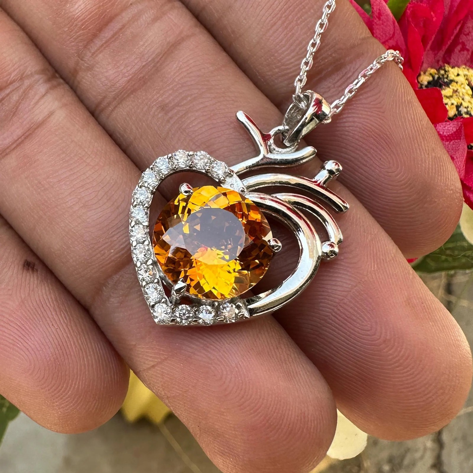 Certified Orange Sapphire 27 Ct Heart Pendant Necklace 925 Sterling Silver