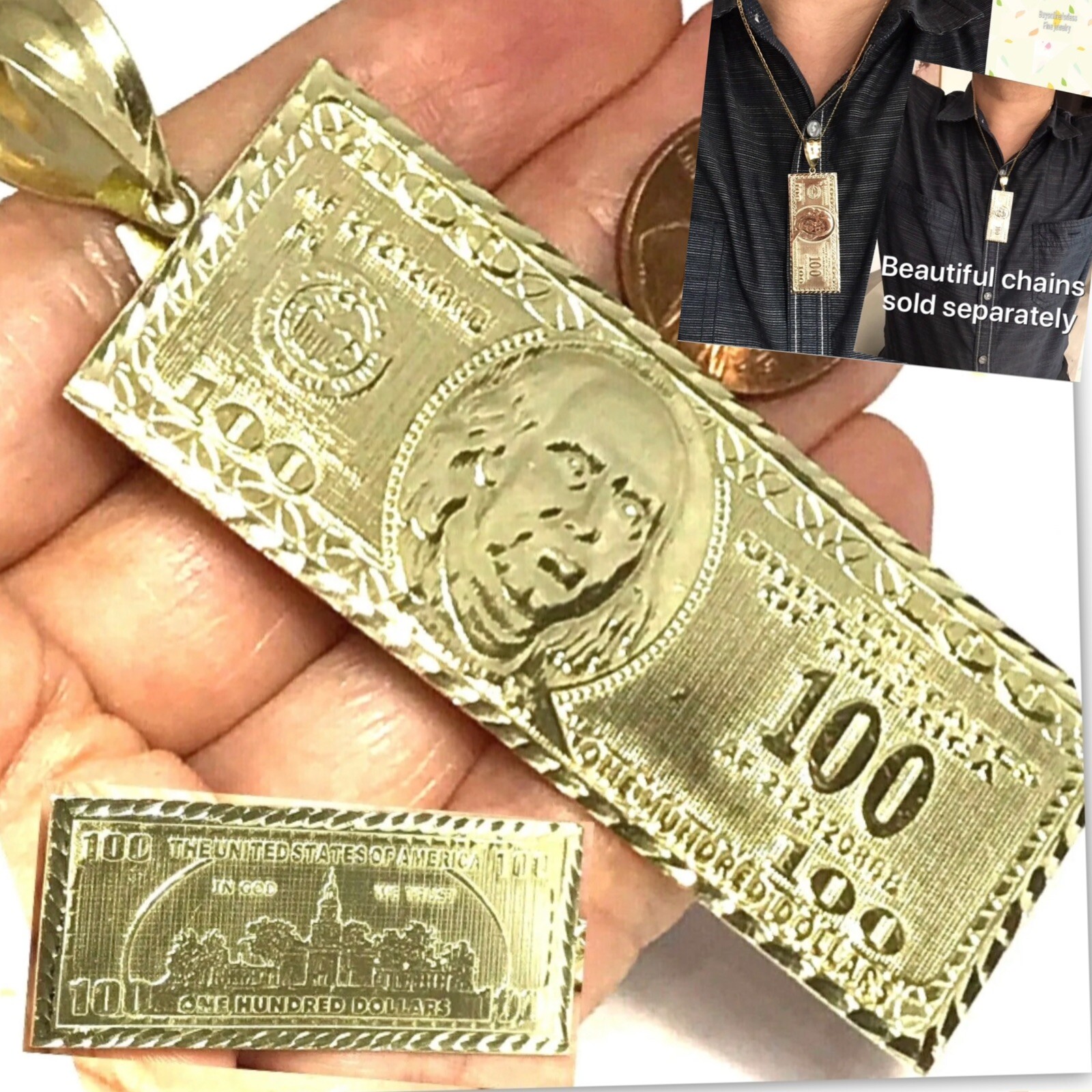 GOLd $ $100 Hundred Dollar Bill Money Pendant luck solid 10K HiP Hop 3.30″ BiG
