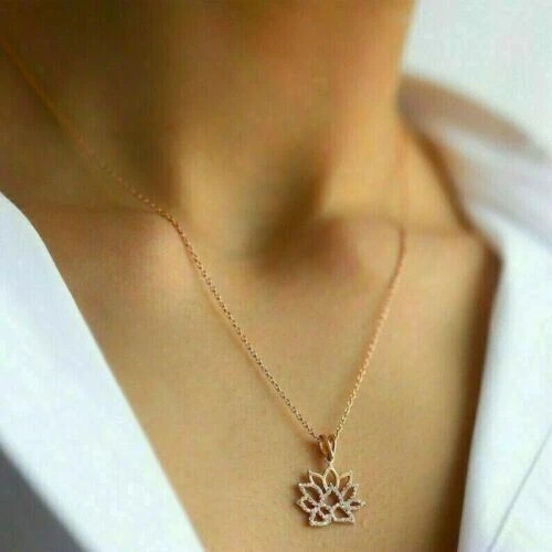 1Ct Round Cut Diamond Lotus Flower Pendant 14K Rose Gold Finish 18” Free Chain