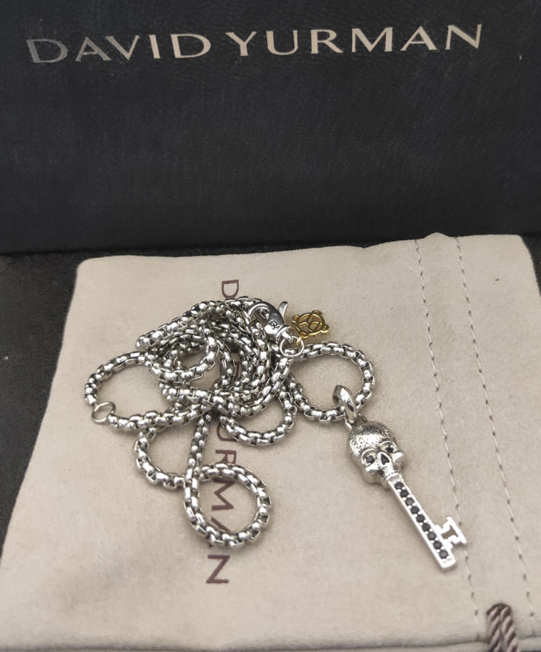 925 Silver David Yurman 3mm Skull Key Amulet Pendant 20″ with Black Diamond