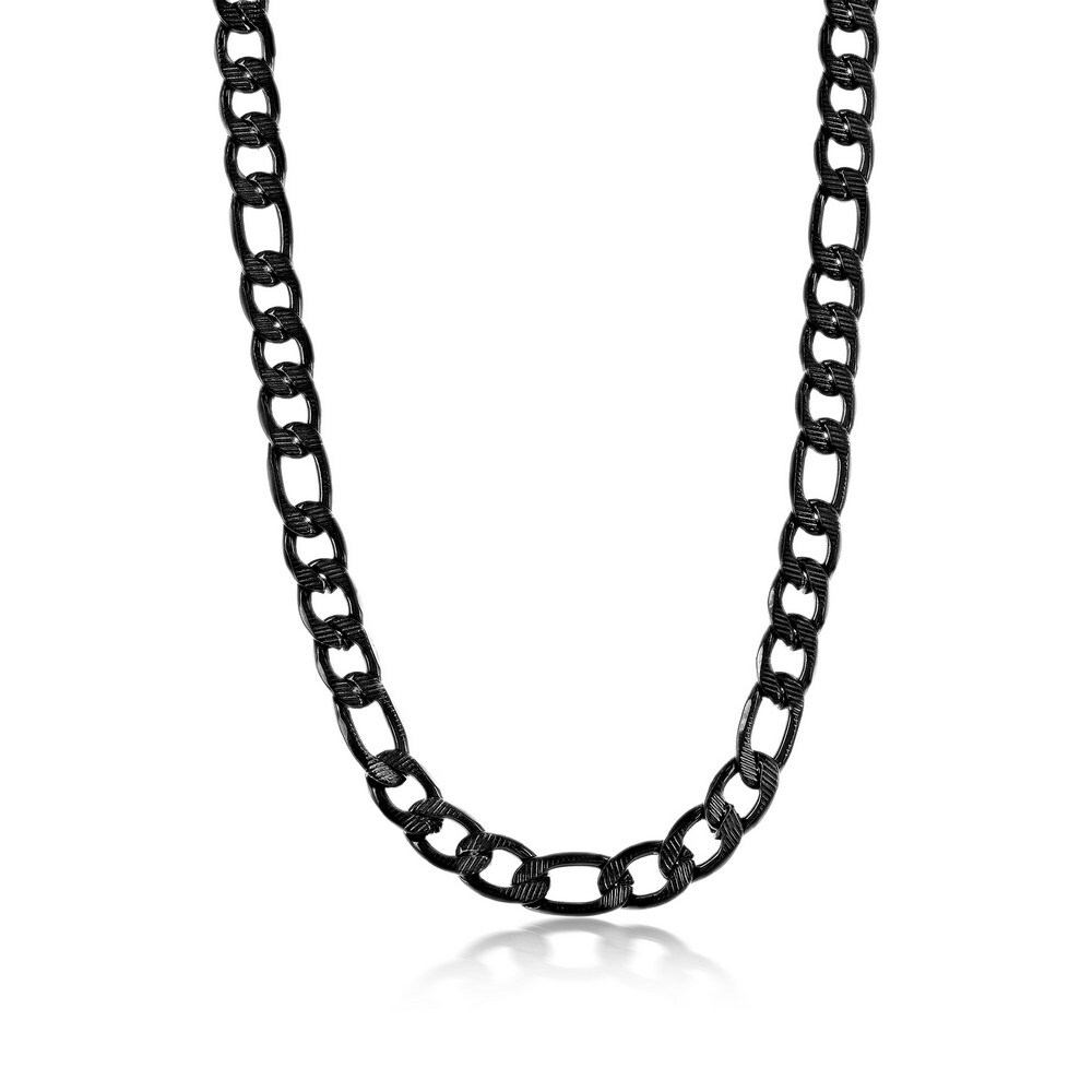 Black Plated Steel 8mm Textured Figaro Chain Necklace 24″