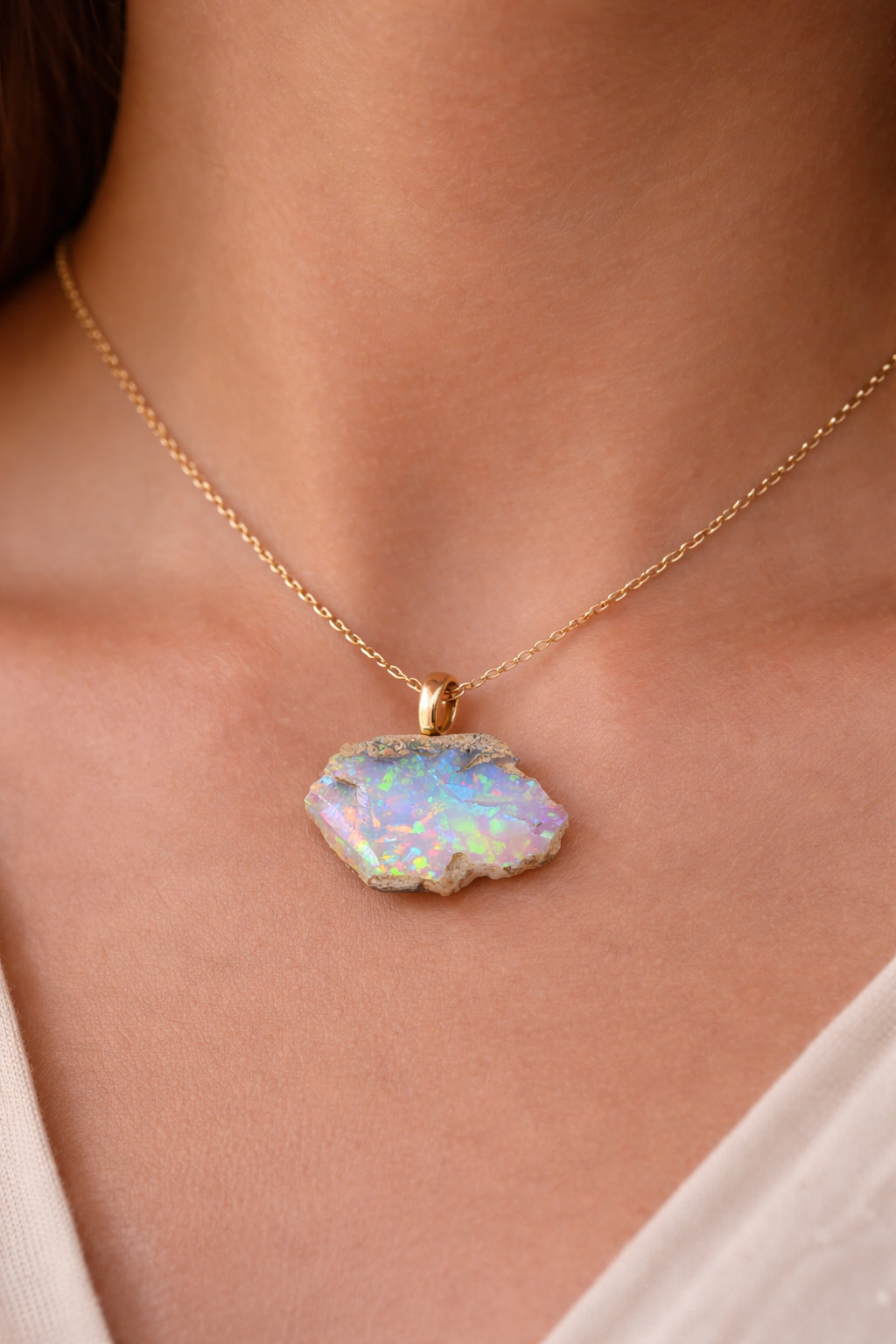 Natural Welo Opal Rough Necklace Raw Stone Pendant October Birthstone Gift Her