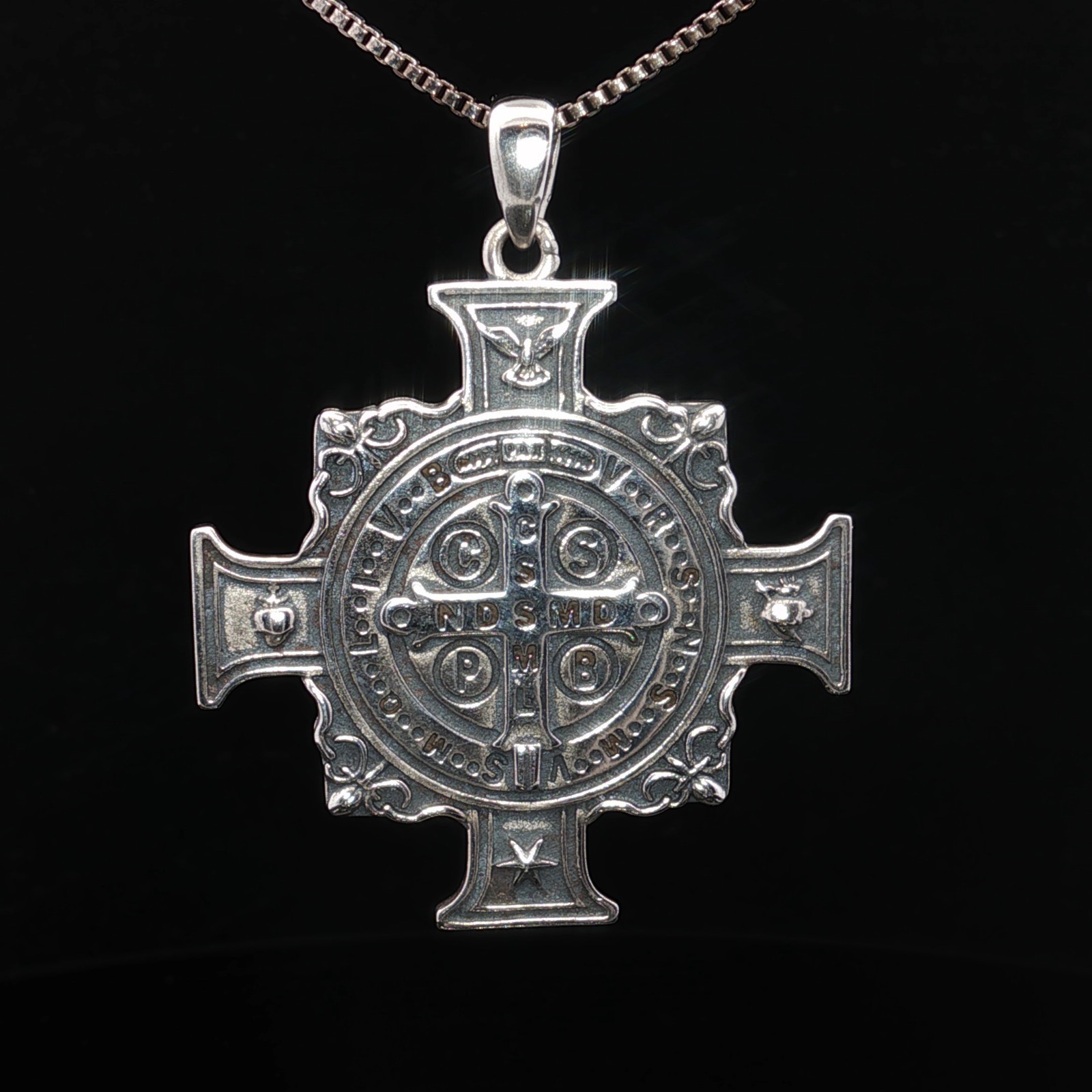 925 Sterling Silver Saint Benedict Two-Sided Cross Necklace