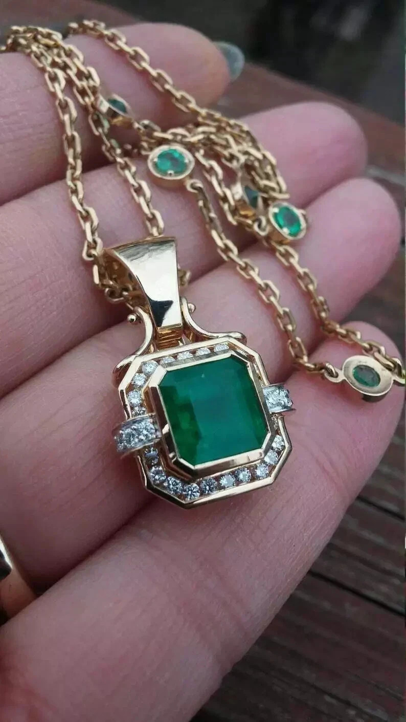 2.70Ct Asscher Cut Lab Created Green Emerald Halo Pendant 14K Yellow Gold Plated