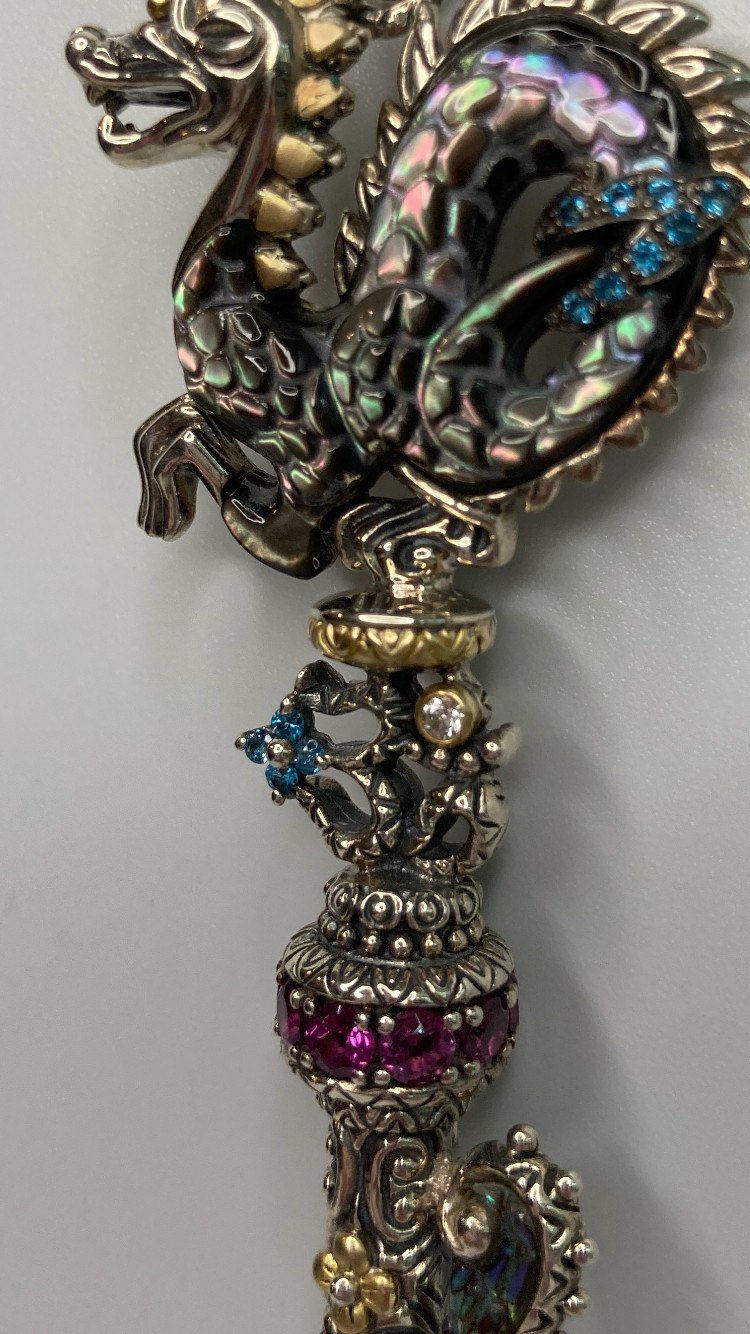 Barbara Bixby Dragon Key Enhancer Pendant Gemstones 18k Gold Sterling 925 in Box