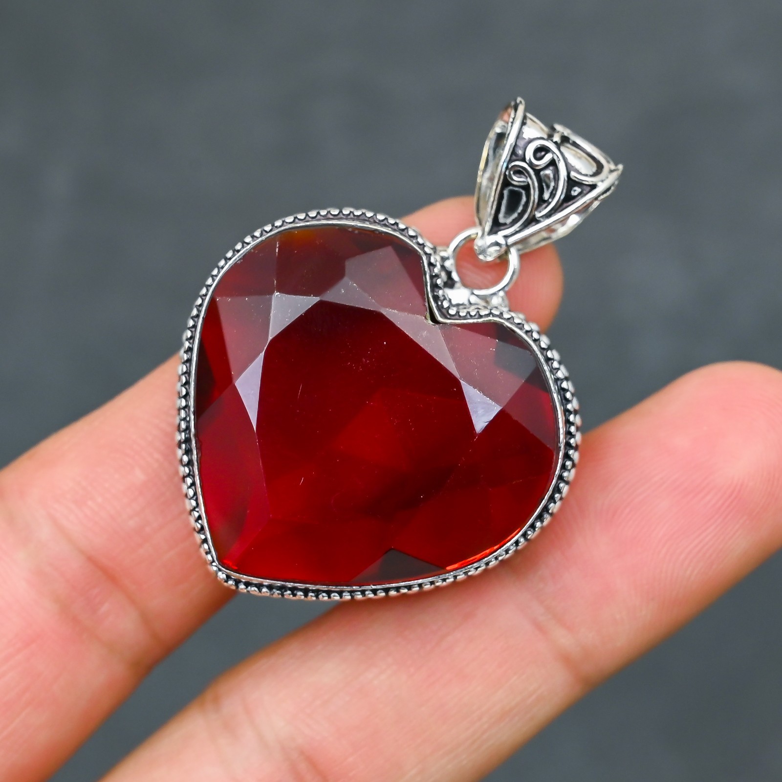 Red Garnet Gemstone 925 Sterling Silver Pendant Heart Handmade Jewelry Gift For