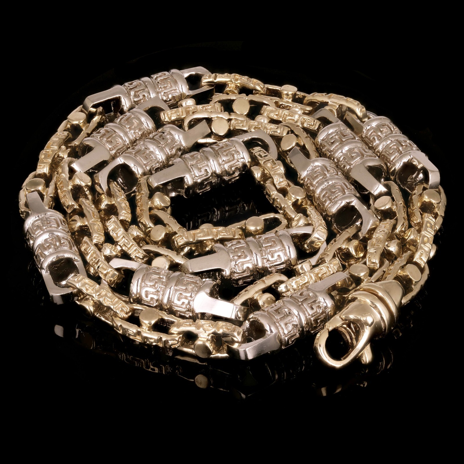 14k Yellow & White Gold Greek Barrell & Links Gold Necklace 24″ 7.5mm 98 grams