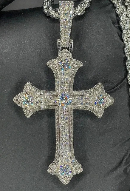 3Ct Round Cut Real Moissanite Cross Men’s Pendant 14K White Gold plated