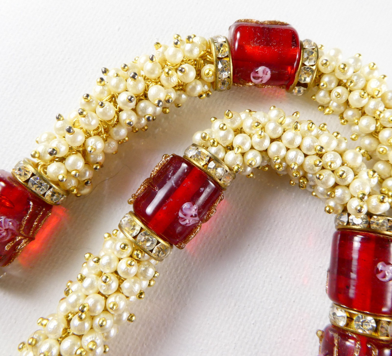 Sterling Silver Garnet Cross Pendant Necklace Red Glass Barrel Beads Crystals