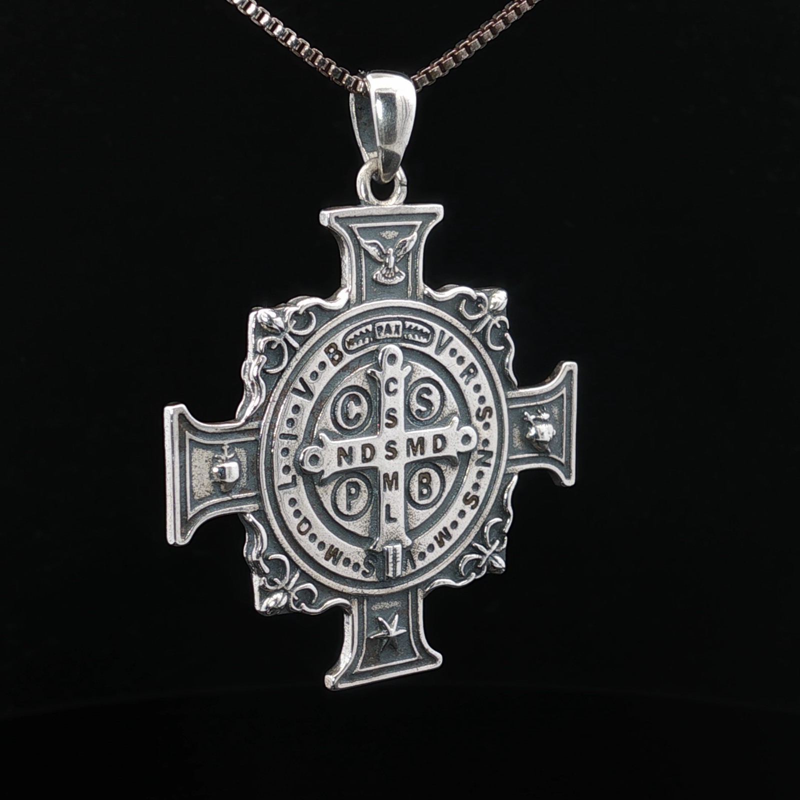 925 Sterling Silver Saint Benedict Two-Sided Cross Necklace
