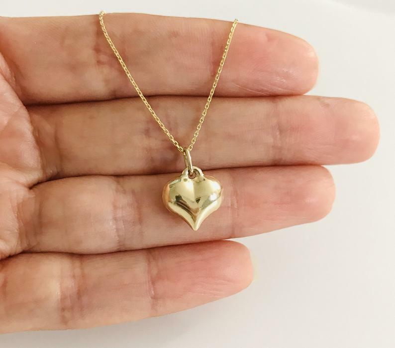 10K Real Gold Puffy Heart 15mm / 0.59″ Pendant, 3-D Puffy Heart Necklace – C2907