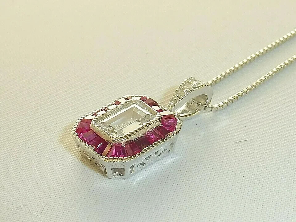 2.50Ct Art Deco Design White Lab-Created Diamond & Ruby Solid 925 Silver Pendant