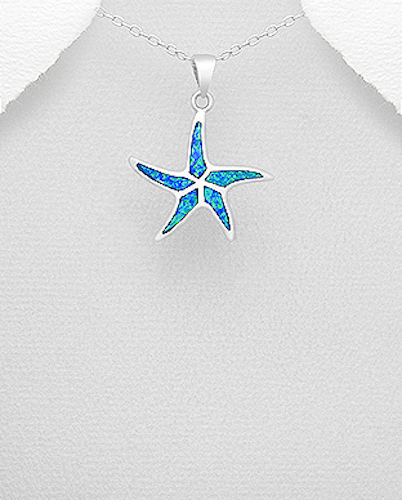 Solid Sterling Silver Blue Opal Inlay Starfish Star Pendant 31mm=1.22″ Long 3.2g
