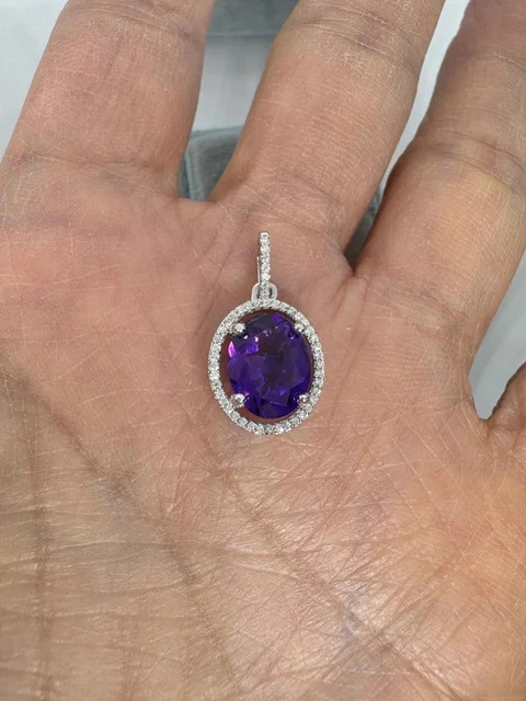 3.00 Ct Oval Cut Lab-Created Amethyst Halo Pendant 14K White Gold Plated Silver