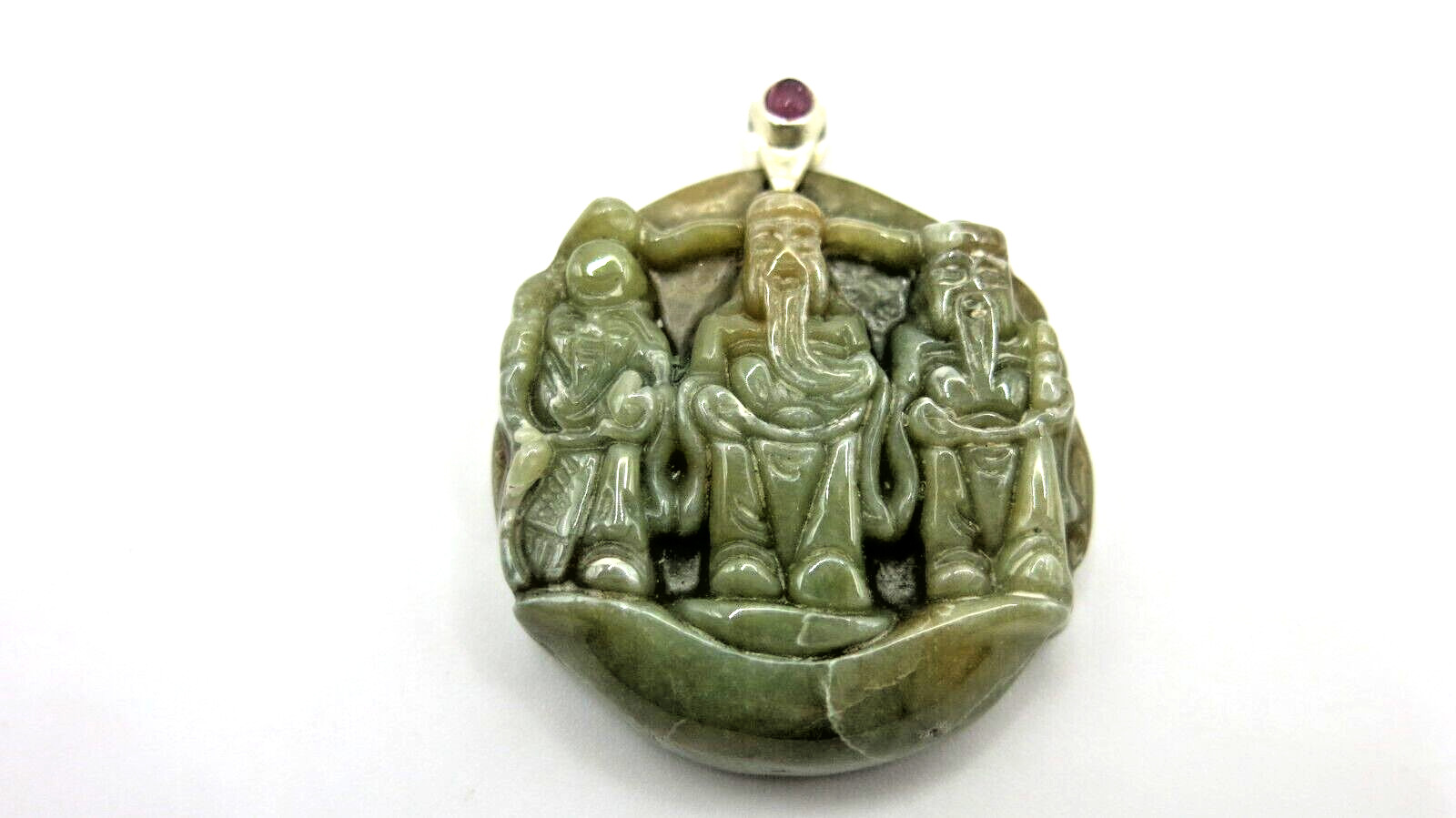 Natural Jade Pendant Carved Fu Lu Shou Three Auspicious Chinese Gods Feng Shui
