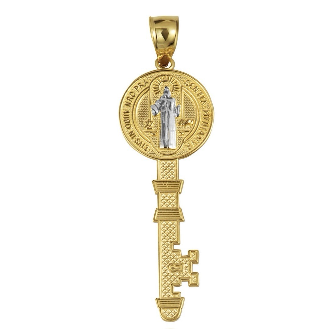 14k Yellow And White Gold Saint Benedict Medal Key Reversible Pendant REAL GOLD
