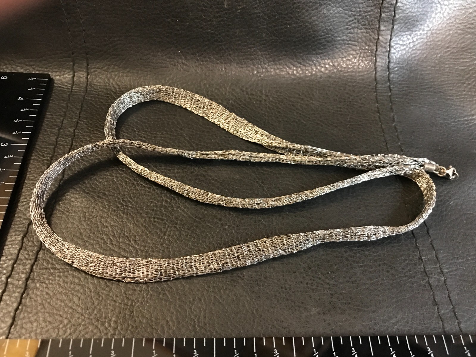 Fine 28″ Silver Woven Metal Flat Mesh Ribbon Chain Necklace Sterling Caps Clasp