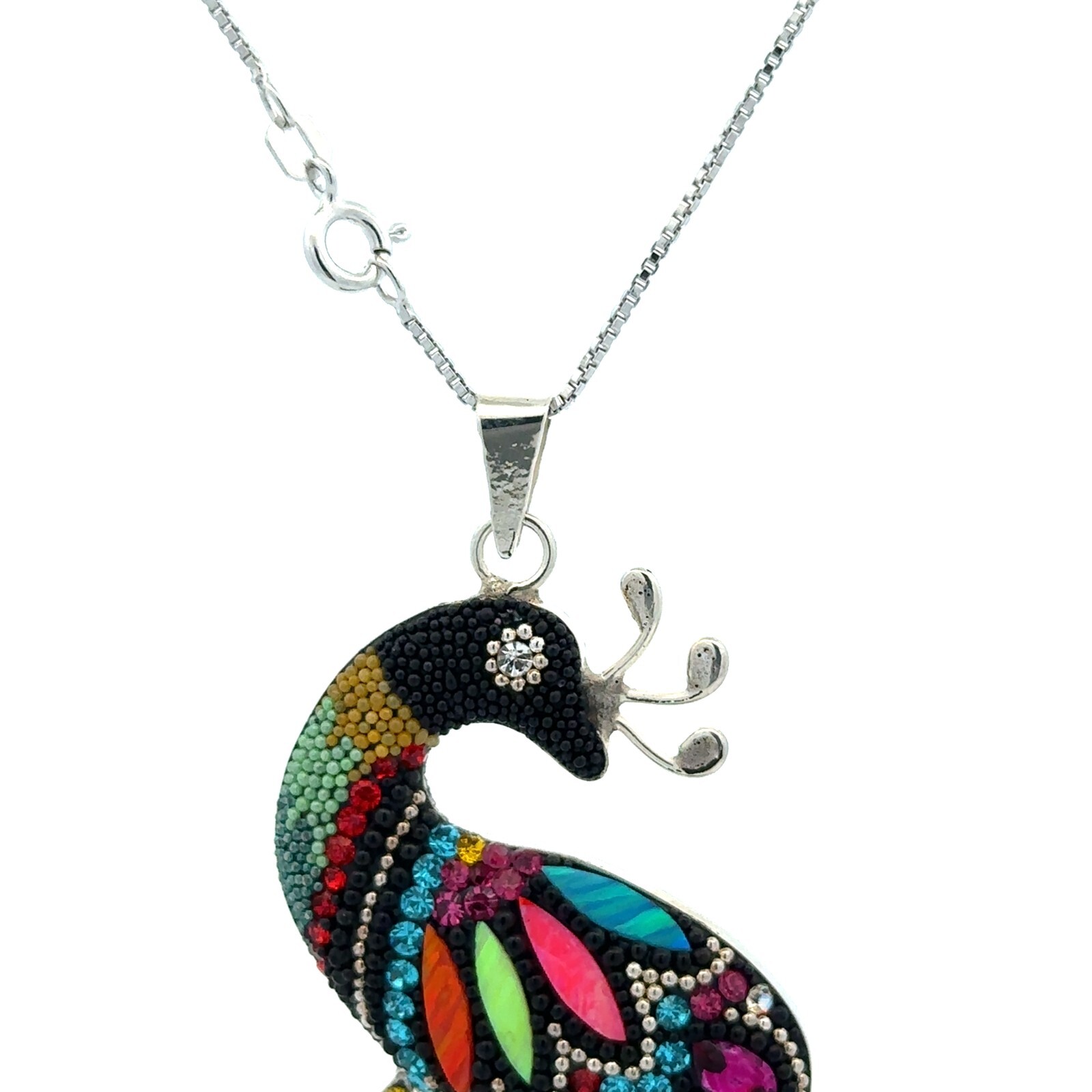 Sterling Silver Peacock Necklace With Austrian Crystal (1 1/2 x3 1/2 Inch)
