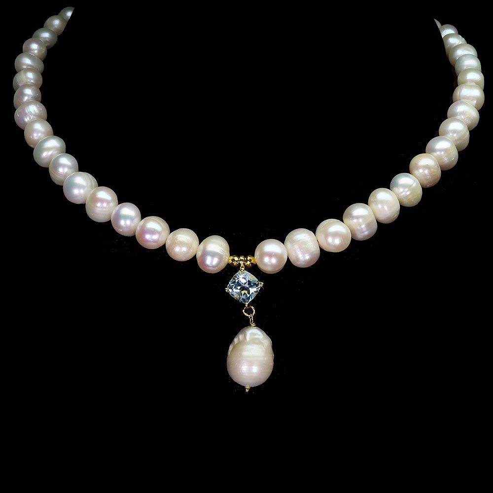 925 Sterling Silver Necklace Cushion Sky Blue Topaz 7mm Pearl Gemstone 16 Inches