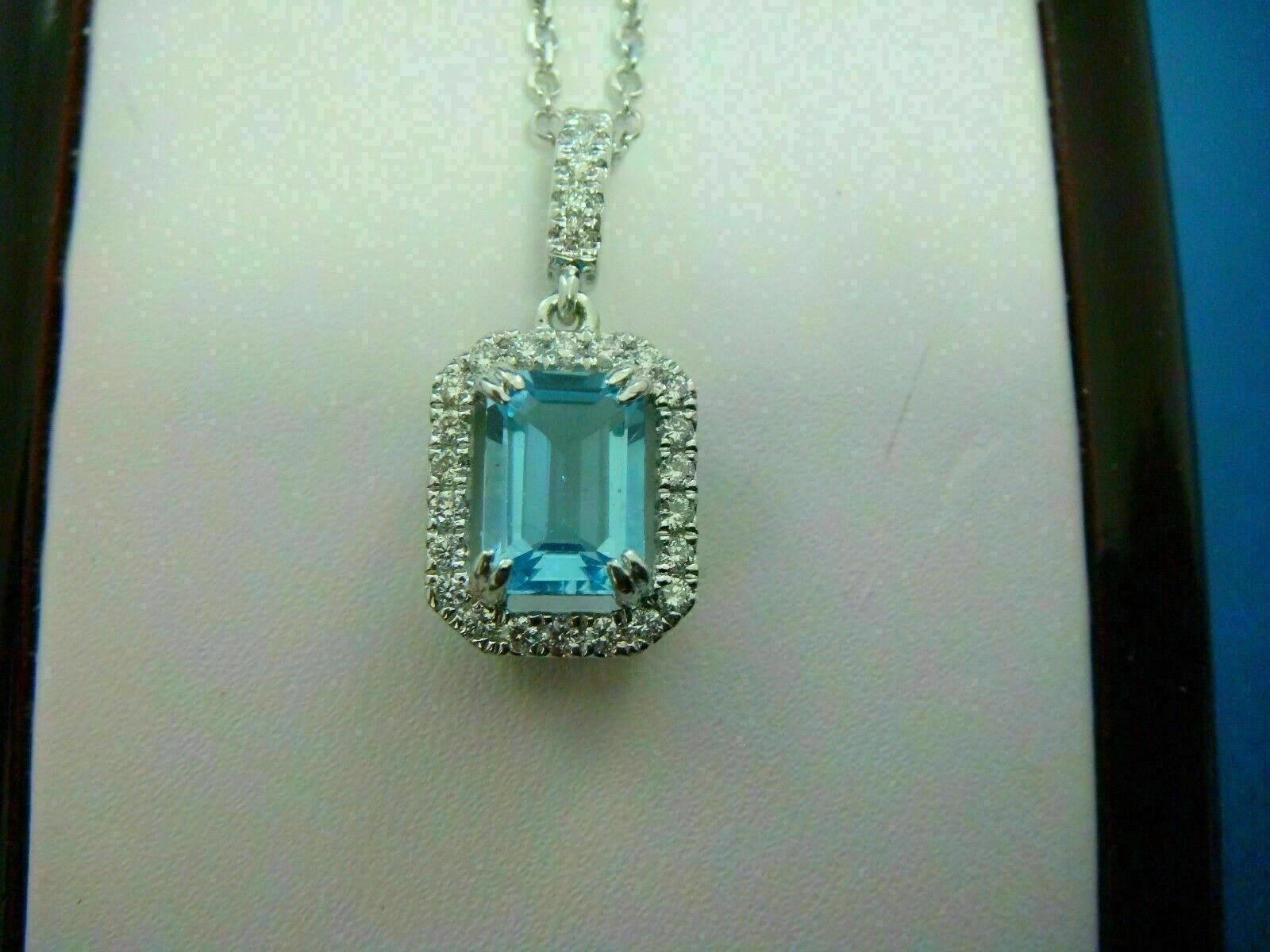 3Ct Emerald Cut Aquamarine Halo Women’s Pendant Free Chain 14K White Gold Finish