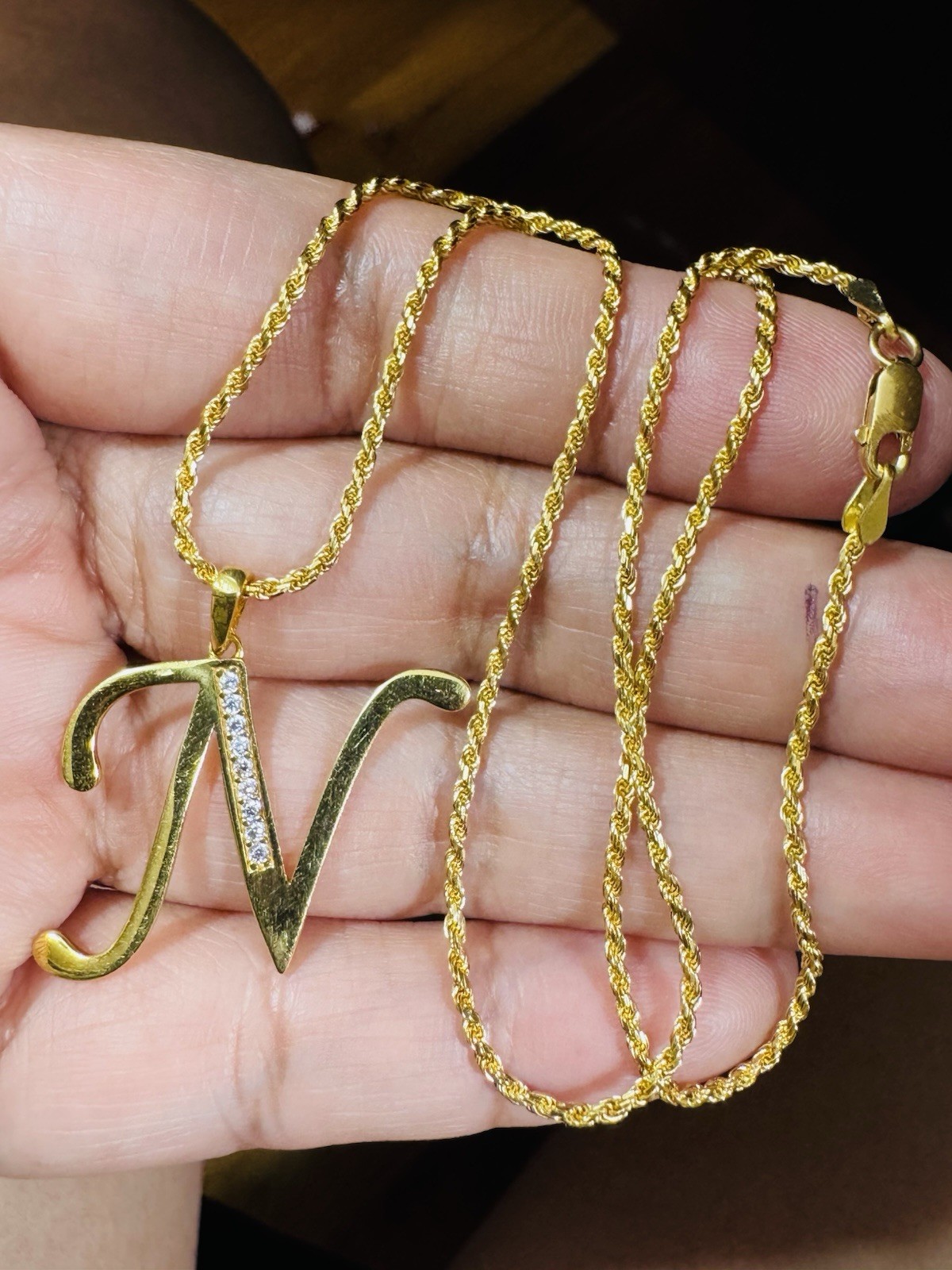 18K 750 Genuine Gold Rope Letter N Necklace 15.6”/16” Long 6.5g 1.6mm Choker