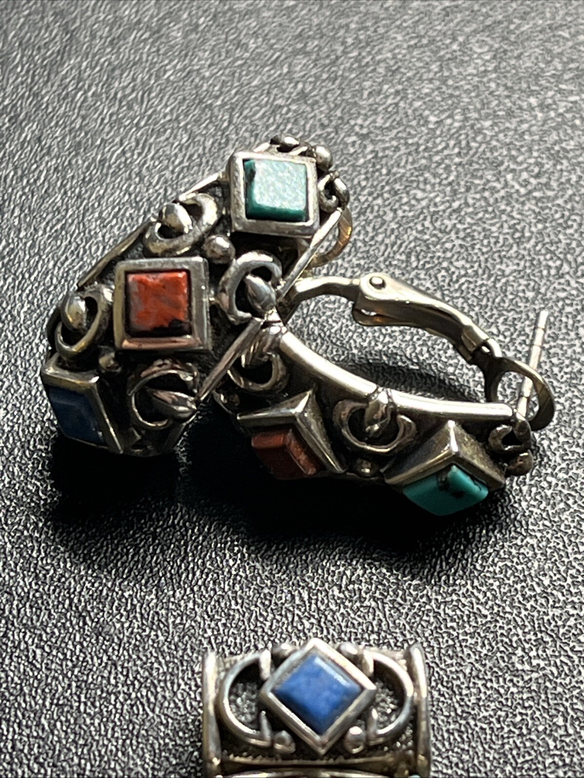 Thailand Sterling Silver Multi‑Stone Inlay Pendant Earrings Set Artisan Jewelry