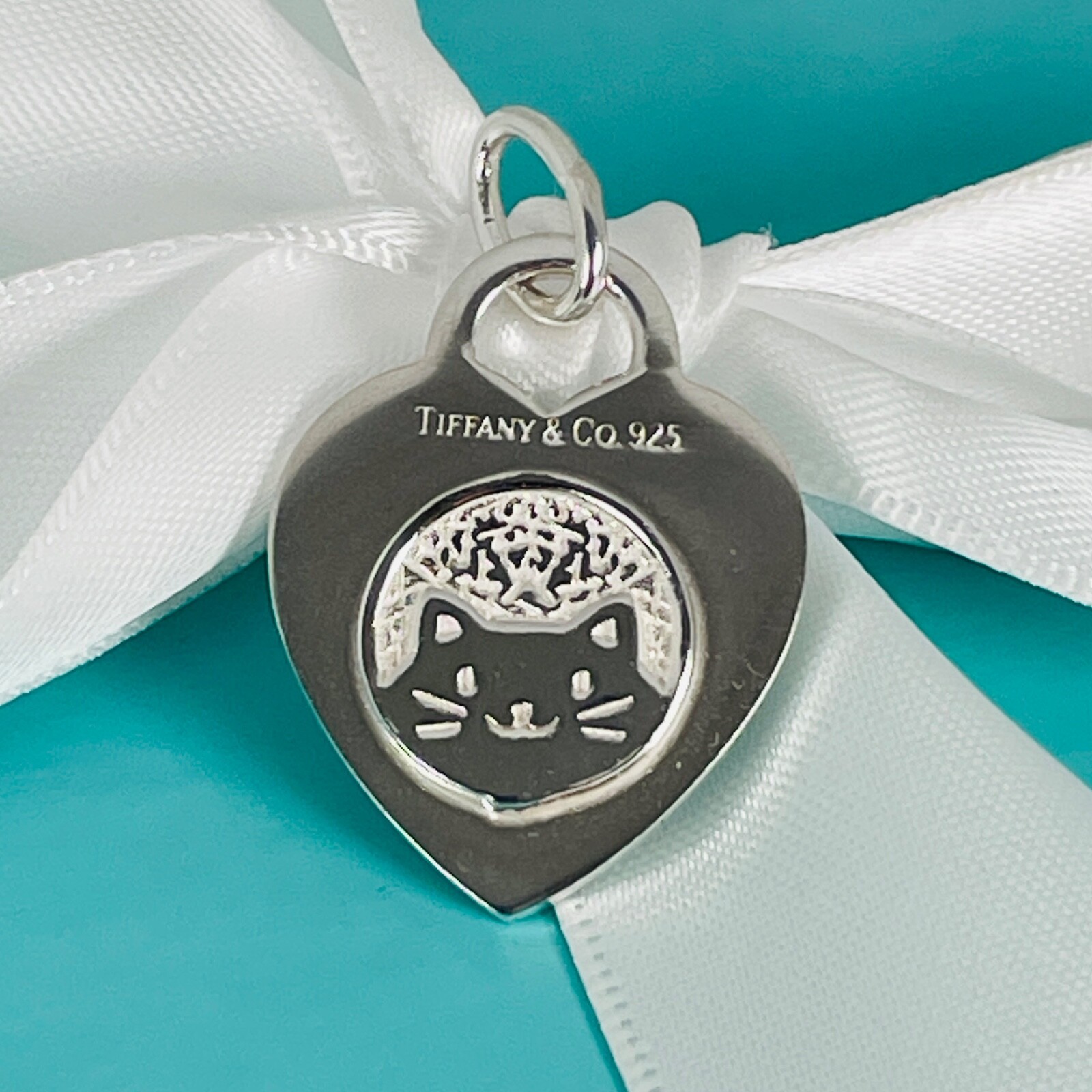 Customized Bedazzled Embellished Tiffany Silver Cat Heart Tag Charm Or Pendant