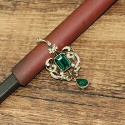 New 4Ct Emerald/Pear Cut Green Emerald Pendant 14K Yellow Gold Finish Free Chain