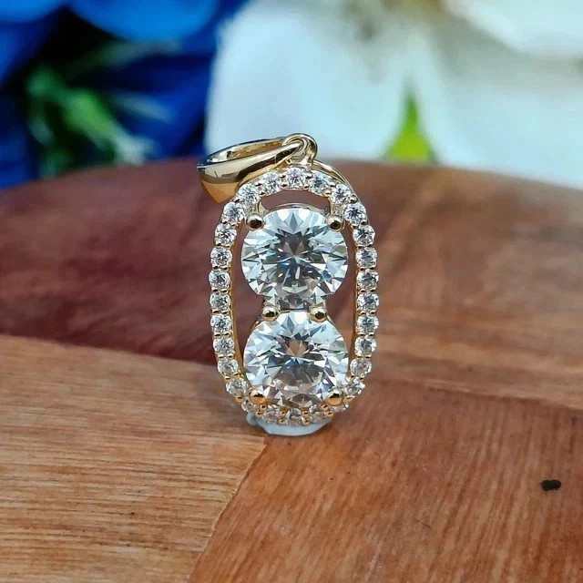 Real Moissanite 3Ct Round Cut Women’s Two Stone Pendant 14K Yellow Gold Plated