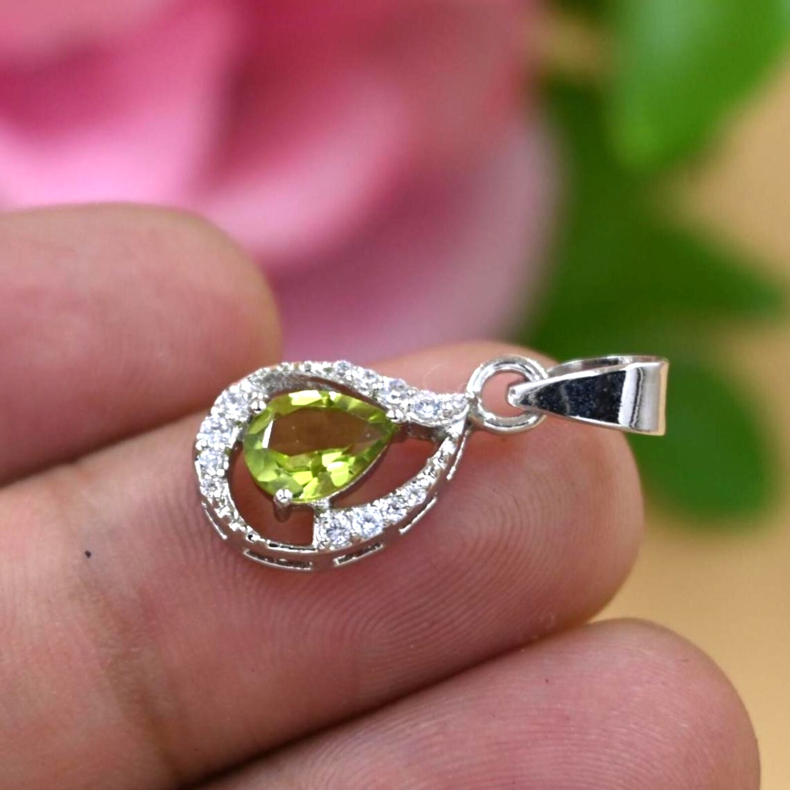 Natural Peridot Pendant Pear Cut 925 Sterling Silver Pendant gifts for her