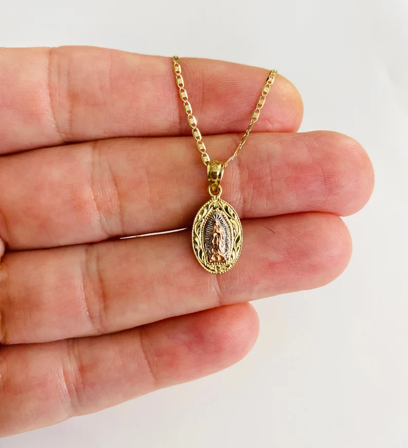 14K Solid Gold 20mm/0.7″ Pendant Guadalupe 16″ Necklace- 14K Solid Gold- PT1129