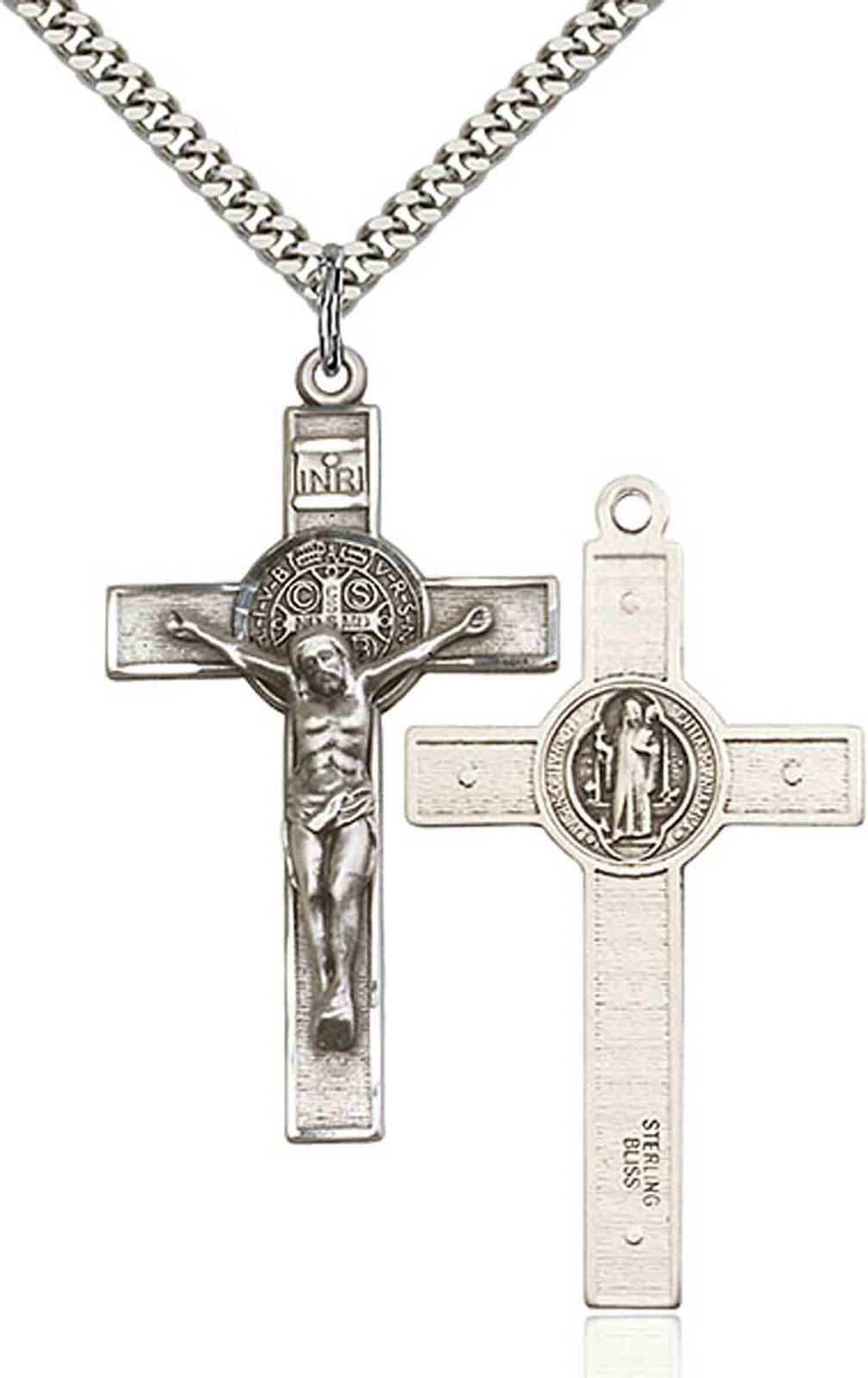 Sterling Silver Saint Benedict Crucifix Medal Pendant Necklace 18″ Chain GiftBox