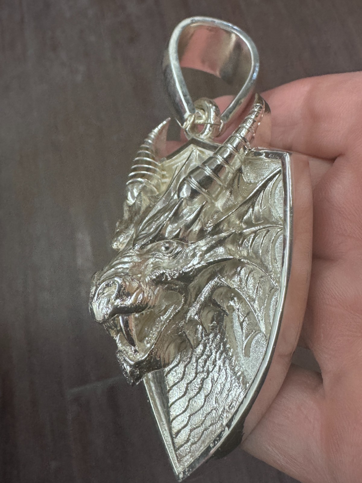 Dragon Shield Gallery Pendant 94.5g Solid Sterling Silver 925