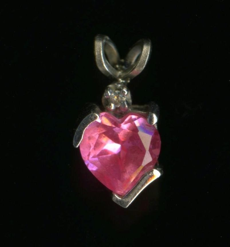 10K Solid White Gold 6mm Heart Pink Lab-Created Sapphire & Diamond Pendant dm
