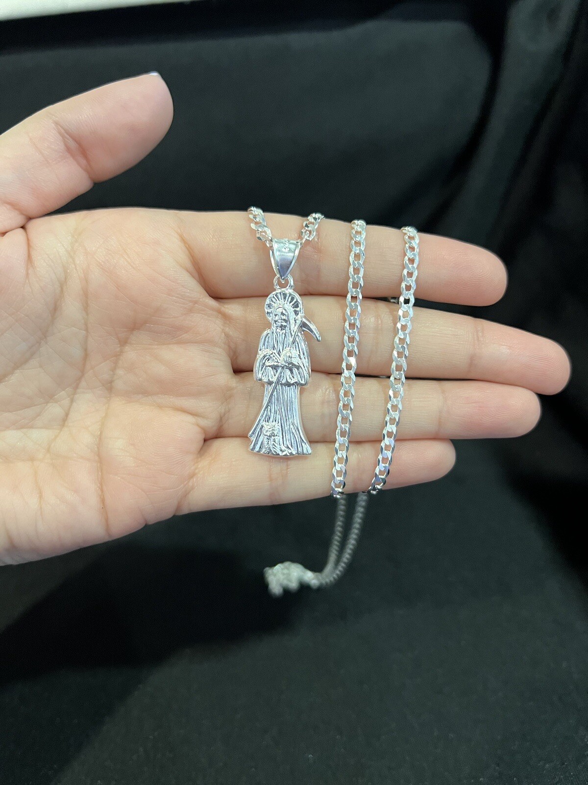 .925 Sterling Silver Womens Small Santa Muerte Grim Reaper & Curb Chain 20 24 30