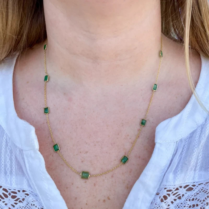 14k Yellow Gold Emerald Natural Diamond Bezel Set Station Necklace For Propose