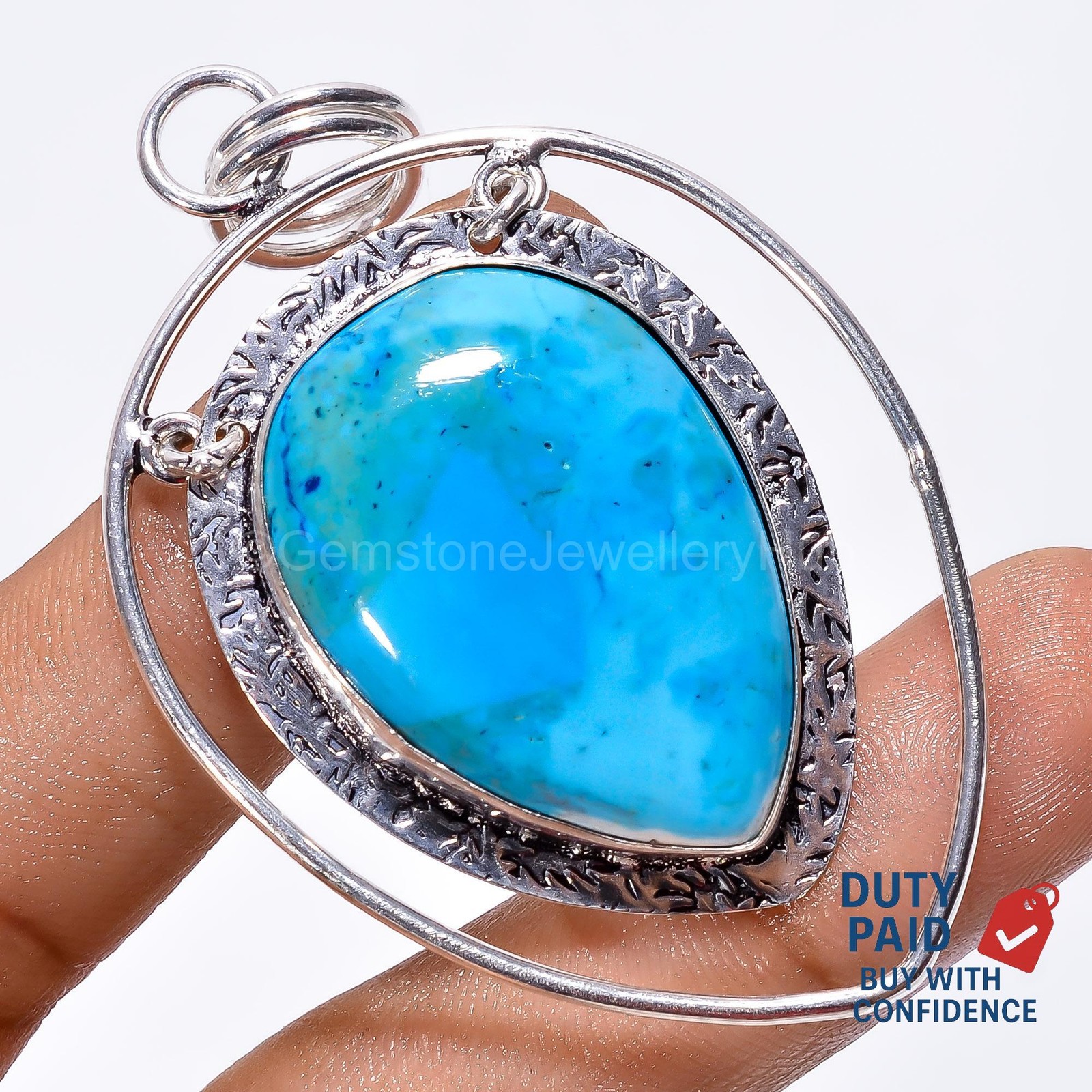 Pear Natural Magnesite Turquoise 925 Sterling Silver Birthday Art Deco Pendant