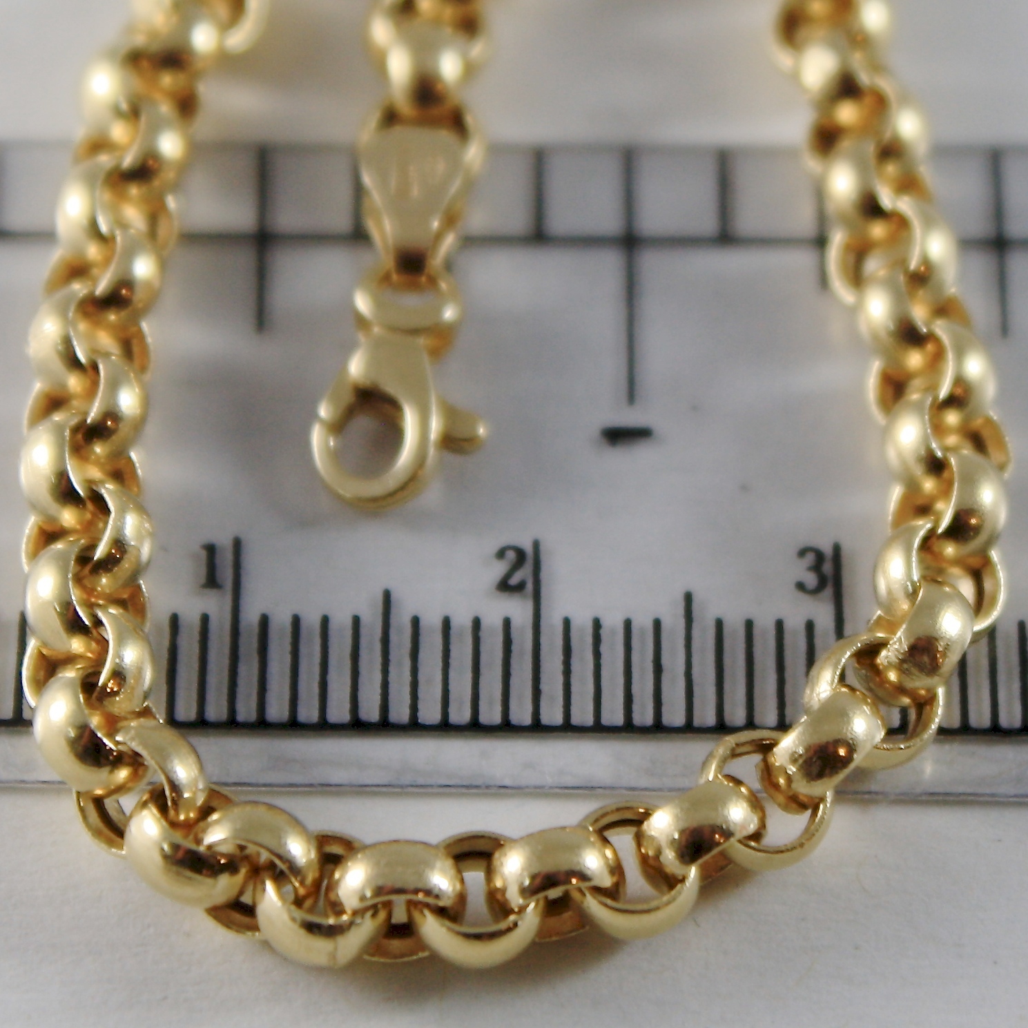 18K YELLOW GOLD CHAIN 17.70″ INCHES 45cm, BIG ROUND CIRCLE ROLO THICK 4 MM LINK